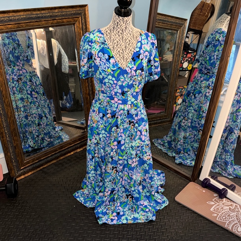 NWT LILLY PULITZER SZ 14. Short sleeve midi dress w pkts FLORAL. blue/grn/purple